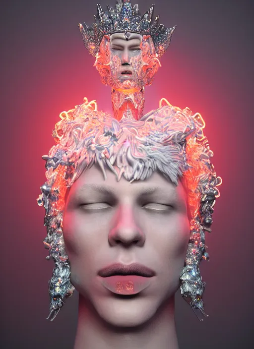 Prompt: photo of baroque and bladerunner delicate neon diamond sculpture of ceramic albino king diego barrueco seductive delicious lip licking, creamy orange iridescent humanoid deity wearing white fluffy hoody holding diamond skull in a black metallic dungeon, reclining, glowing rainbow face, crown of white diamonds, cinematic lighting, photorealistic, octane render 8 k depth of field 3 d