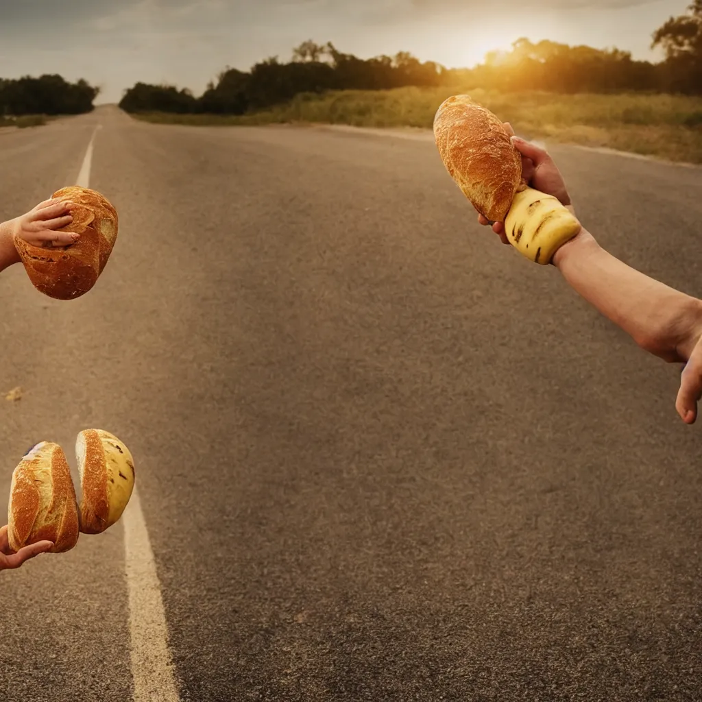 Image similar to a bread and a banana walking hand in hand into the sunset