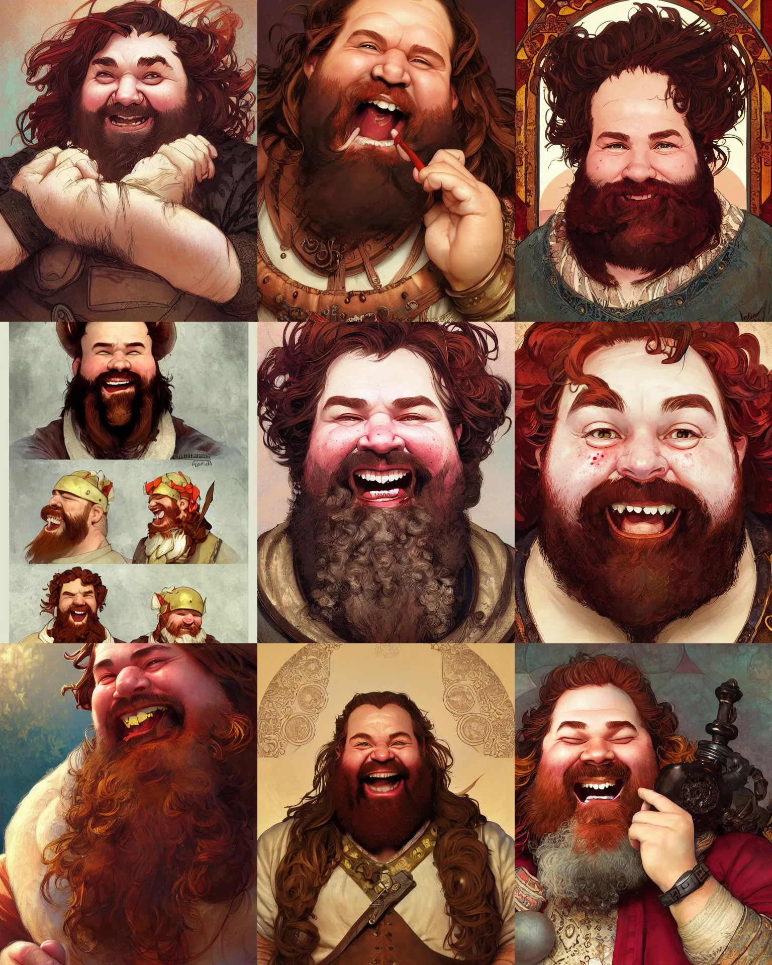 Prompt: closeup portrait of a dwarven bard, happy, laughing, rosy cheeks, red beard, freckles, art by artgerm and greg rutkowski and alphonse mucha