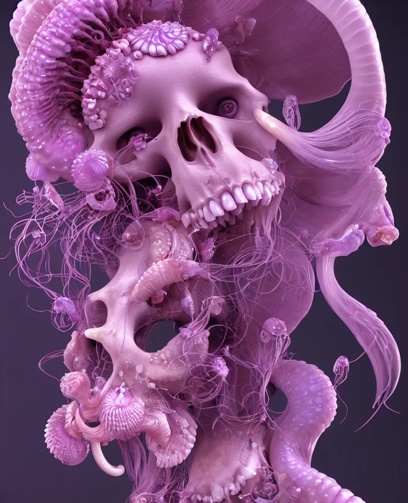 Image similar to goddess princess beautiful face close-up portrait ram skull zbrush sculpt. jellyfish phoenix head, nautilus, orchid, skull, betta fish, bioluminiscent creatures, intricate artwork by Tooth Wu and wlop and beeple. octane render, trending on artstation, greg rutkowski very coherent symmetrical artwork. cinematic, hyper realism, high detail, octane render, 8k