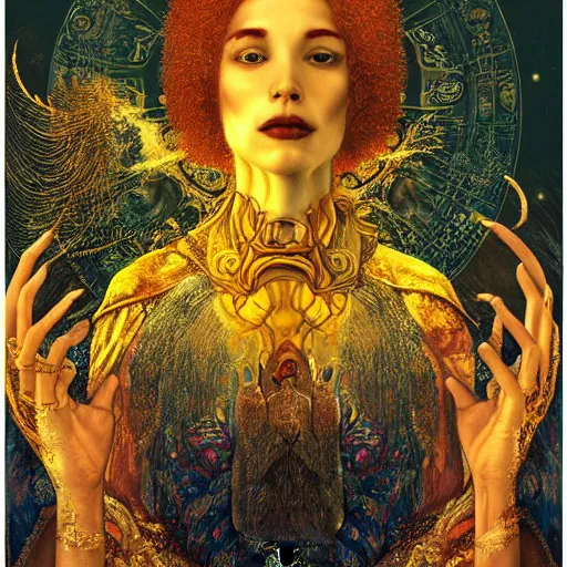Prompt: a majestic portrait of the king in yellow, in front of a fantasy city, with black suns in the sky, titian , Tom bagshaw, sam spratt, Mayfield parish, Gustav Klimt, intricate, dark colors, art nouveau