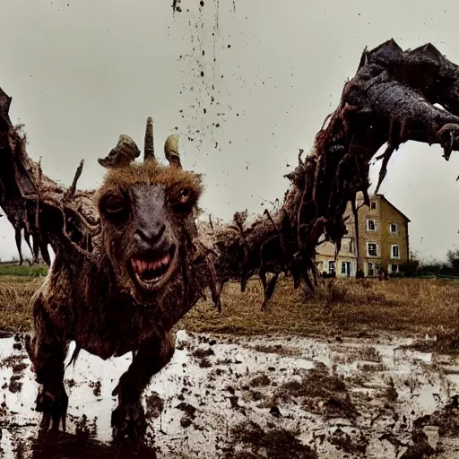Prompt: horror, moody, still from film, daytime, muddy village square, wide shot, screeching mutant goat monster, powerful and huge, creeping on legs with hands, mouth crammed full of filthy jagged teeth, matted brown fur, in muddy medieval village square