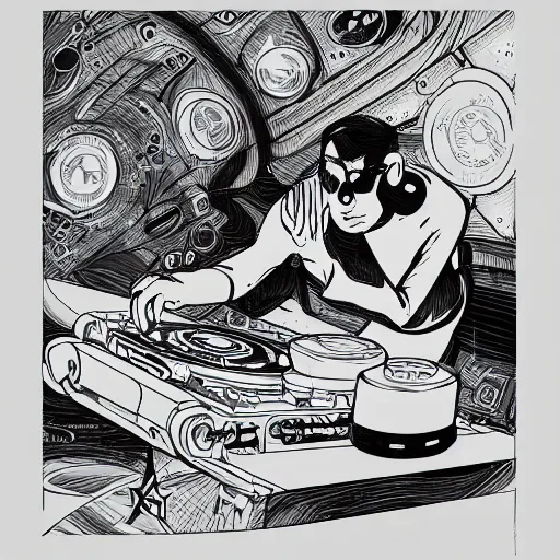 Image similar to james jean, mcbess art of a dj playing in outerspace, sketch