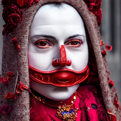 Prompt: highly detailed portrait photography steered gaze of a stern face, wearing a red venetian mask, in autumn, 105mm f2.8 at the grand budapest hotel