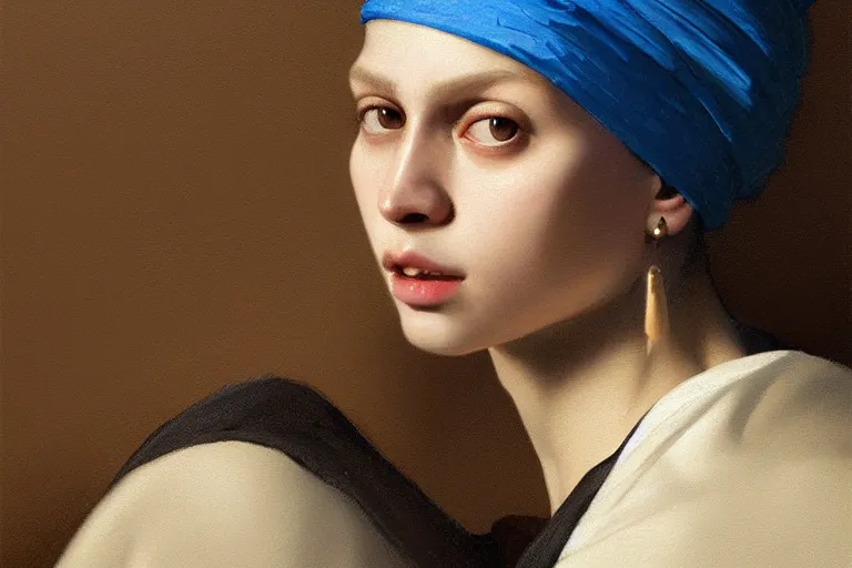 Image similar to Boy with a black pearl earring, portrait, sharp focus, intricate, elegant, digital painting, artstation, matte, highly detailed, concept art, illustration, ambient lighting, art by Vermeer, artgerm, Alphonse mucha, and Greg Rutkowski