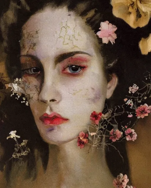 Image similar to a beautiful and eerie baroque painting of a beautiful but serious woman in layers of fear, with haunted eyes and dark hair piled on her head, 1 9 7 0 s, seventies, floral wallpaper, wilted flowers, a little blood, morning light showing injuries, delicate embellishments, painterly, offset printing technique, by robert henri, walter popp, alan lee