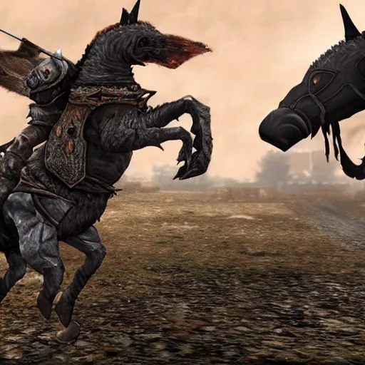 Prompt: Dark souls style dog riding an armored horse into a boss battle.