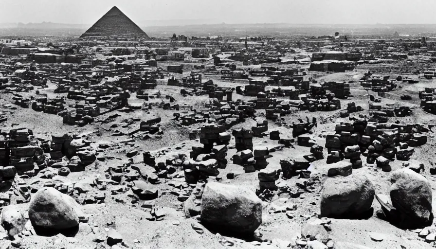 Image similar to aliens lift up big rocks in the foreground. the pyramids are halfway built in the background. archive photo