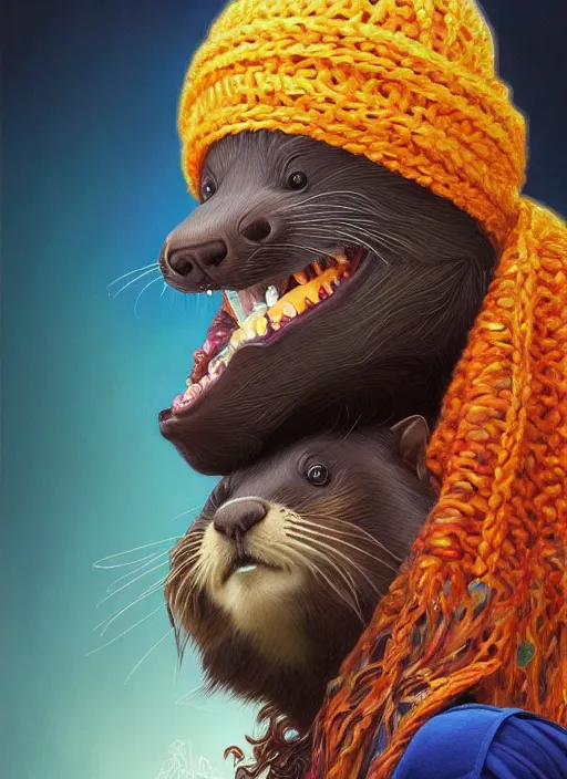 Image similar to symmetry!! portrait of smiling beaver!! big teeth! wearing a colorful beanie!, scarf!, long curly hair intricate, elegant, highly detailed, digital painting, artstation, concept art, smooth, sharp focus, illustration, art by artgerm and greg rutkowski and alphonse mucha, 8 k