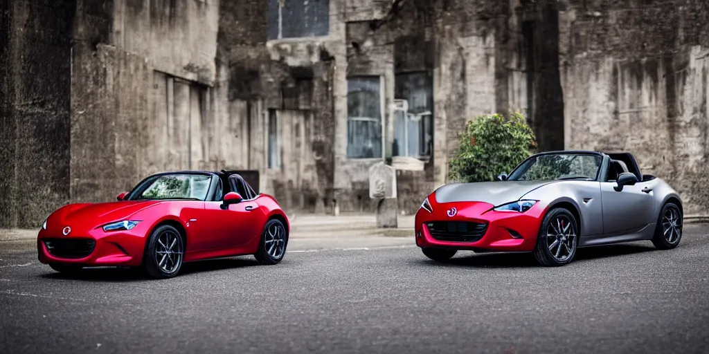 Image similar to a wide angle photograph of a grey rabbit posing next to a red mazda mx-5