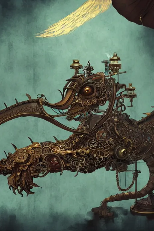 Image similar to illustration, old sick gold and crimsoned scaled asian style dragon on a steam punk plank of machinery with wires and gears and steam punk apparatus, matte painting, style of studio ghibli, featured in artstation and artgerm and pixiv, award winning, cinematic, intricate, 8 k