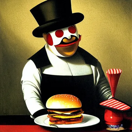 Prompt: The Hamburglar eating burger. Painted by Caravaggio, high detail