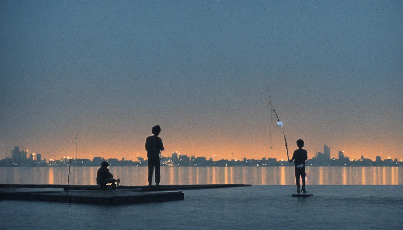 Prompt: 80s asian neon movie still with a lone man fishing on a pier by the river on early morning with bright city lights behind his back, ships passing by in the distance, medium format color photography, movie directed by Kar-Wai Wong, hyperrealistic, photorealistic, high definition, highly detailed, tehnicolor, anamorphic 50mm lens