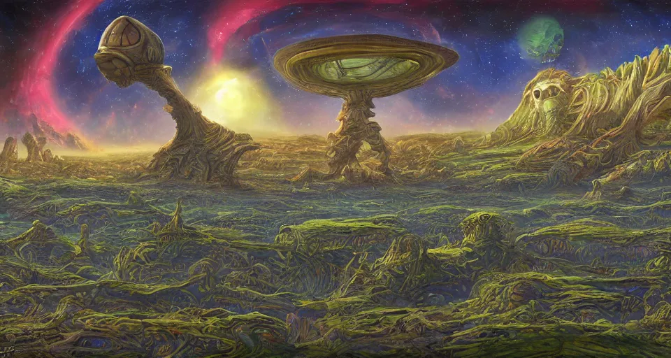 Prompt: alien planet, inhabited by giant aliens, dichromatism, 8 k, super - resolution, massive scale, by tony diterlizzi
