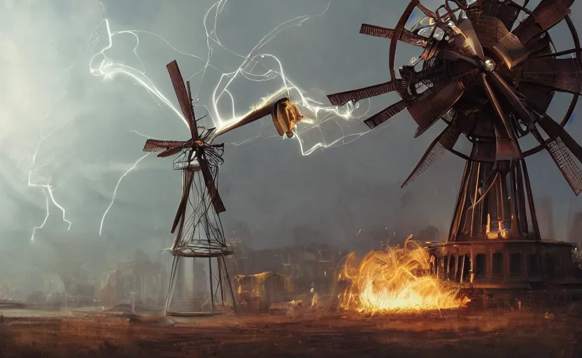 Image similar to a steampunk windmill spinning fast, robot, fire, ash, electricity lightning, furry, soft, concept art, sharp focus, intricate details, highly detailed, photorealistic, disney pixar, octane render, iridescent, anime, 8 k