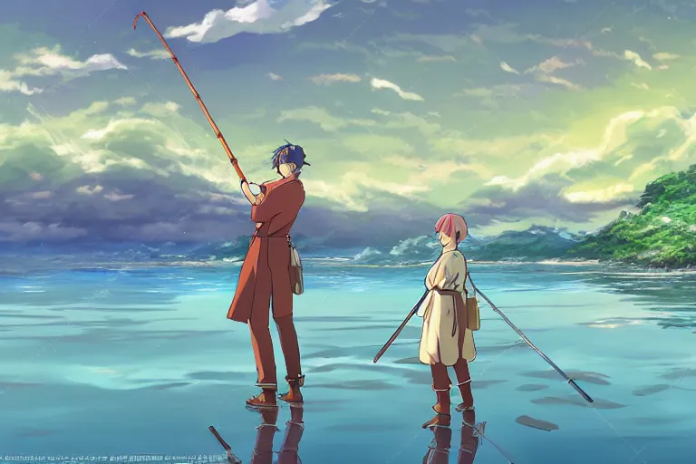 Prompt: cell shaded anime key visual of a fantasy isekai fisherman on a lake in the style of studio ghibli, moebius, makoto shinkai, dramatic lighting