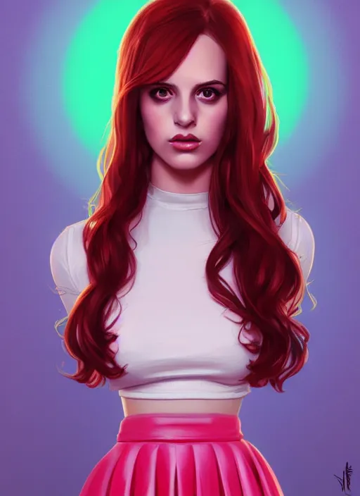 Image similar to full body portrait of teenage cheryl blossom, bangs, green eyes, sultry expression, red hair, sultry smirk, bangs and wavy hair, pink skirt, intricate, elegant, glowing lights, highly detailed, digital painting, artstation, concept art, smooth, sharp focus, illustration, art by wlop, mars ravelo and greg rutkowski