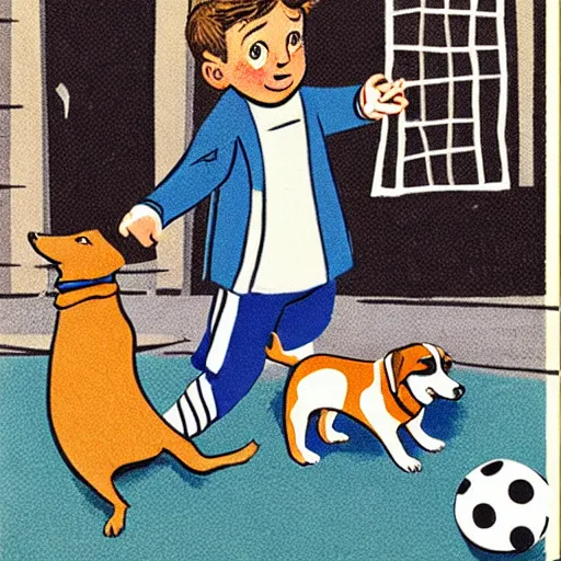 Image similar to book illustration of a french boy on the streets of paris playing football against a corgi, the dog is wearing a polka dot scarf, 1 9 6 6