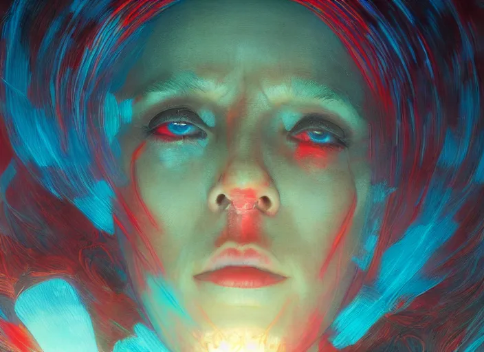 Image similar to Portrait Masterpiece, Wanda Maximoff, furious, red and cyan, glowing, wires everywhere, by Edgar Maxence and Ross Tran, Zdzisław Beksiński, and Michael Whelan, distant, gustav dore, H.R. Giger, 8k, octane render