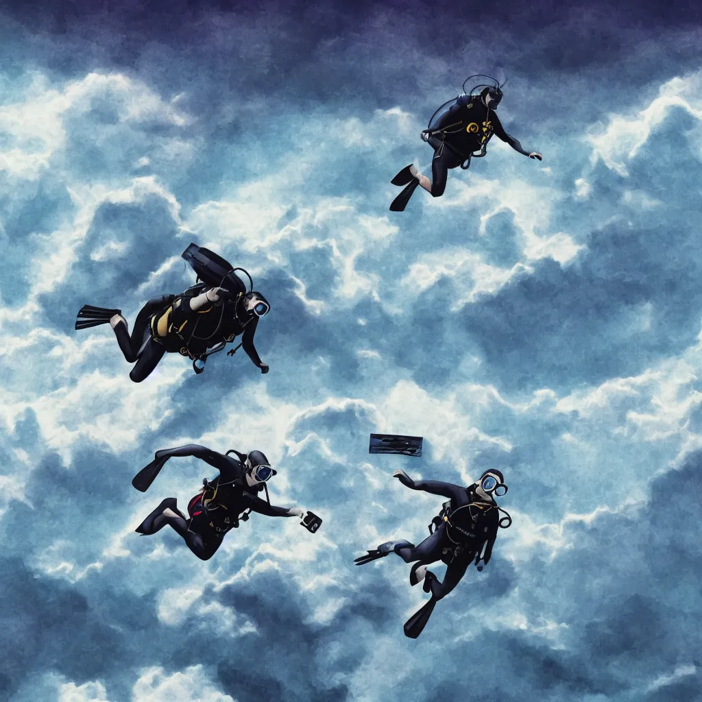 Image similar to a scubadiver floating above the clouds, closeup, digital illustration