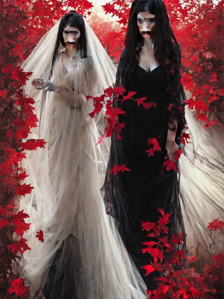 Image similar to detailed oil painting of sad bride in scary black under the god ray, red leaves on the ground, art by artgerm and greg rutkowski and alphonse mucha