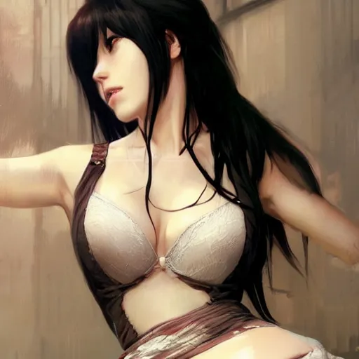 Prompt: tifa lockheart with lace robe with decollete and bra | | summer, realistic shaded, pleasant face, bad looking, fine details, realistic shaded lighting poster by greg rutkowski, artgerm, kyoto animation and alphonse mucha