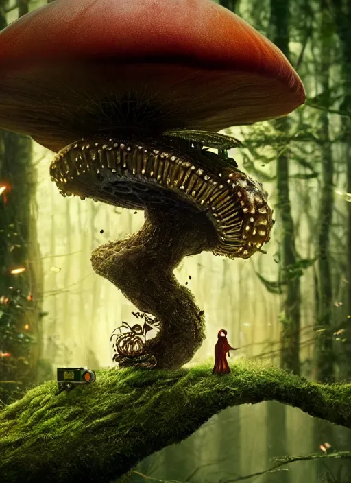 Image similar to portrait of an intricate mechanical caterpillar sitting on a mushroom in a magical forest. Very detailed 8k. Fantasy cyberpunk horror. Sharp. Cinematic post-processing