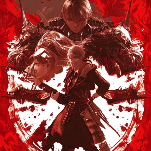 Prompt: the last red warrior playstation game poster , Artwork by Akihiko Yoshida, cinematic composition