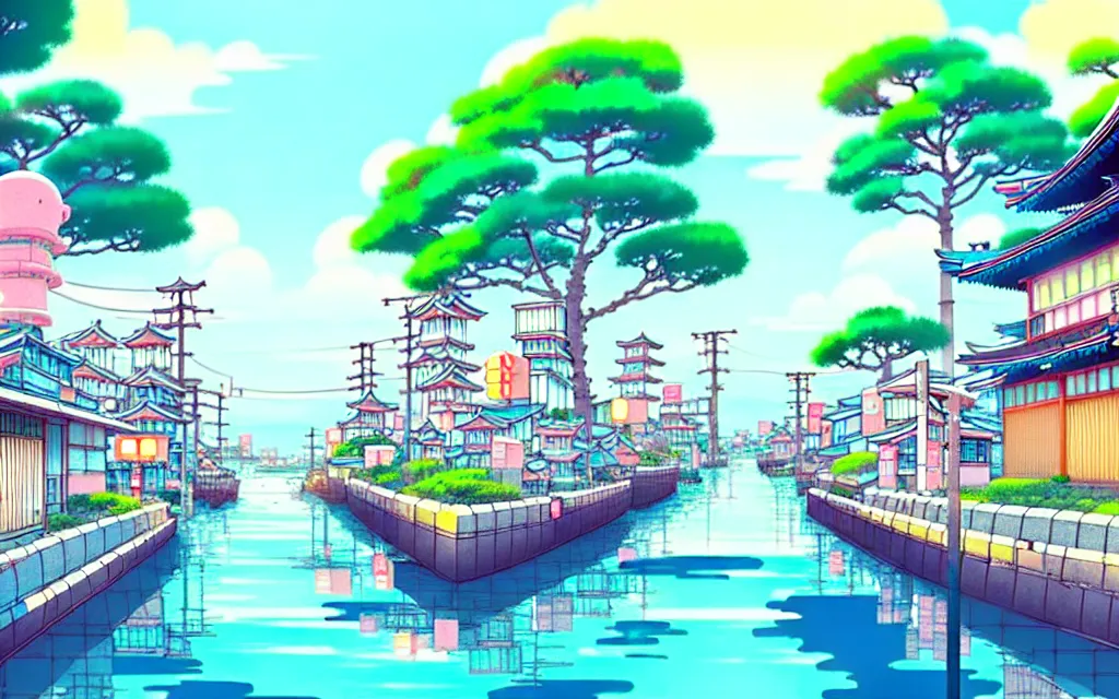 Image similar to a japanese city near the sea, lofi, dreamy, moody, very colorful, anime inspiration, ghibli vibe