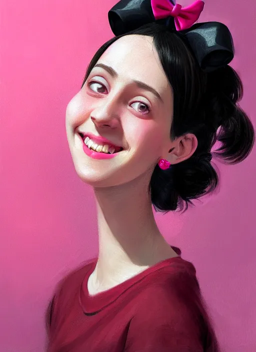 Image similar to portrait of high school girl, realistic, black hair, bangs, half updo hairstyle, pointy nose, skinny, smile, ugly, defined jawline, big chin, pink hair bow, earrings, intricate, elegant, glowing lights, highly detailed, digital painting, artstation, sharp focus, illustration, art by wlop, mars ravelo and greg rutkowski