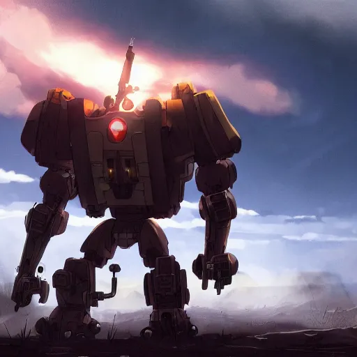 Image similar to a mech with guns on each arm preparing for combat, battlefield, dead trees, fire, smoke, dark clouds, slightly sunny, ominous, intense, epic, extremely detailed, cinematic lighting, studio ghibli, anime,