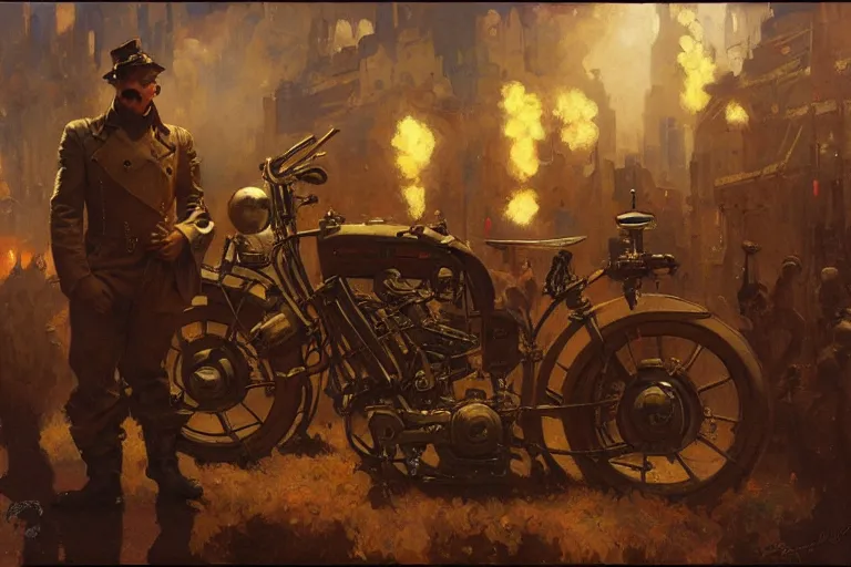 Image similar to dieselpunk, painting by gaston bussiere, craig mullins, j. c. leyendecker, tom of finland