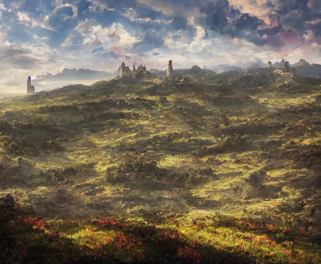 Image similar to Vast verdant empty flat valley surrounded by Transylvanian mountains. A huge zeppelin in the sky among colorful clouds. A ruined medieval castle on the hillside in the background. No villages or buildings. Late warm evening light in the summer, gloomy weather. High quality, fantasy art by Rhads.