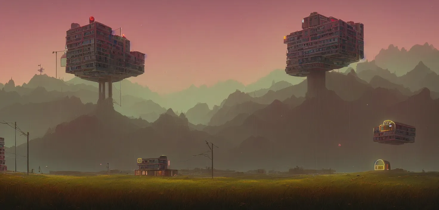 Image similar to a building in a stunning landscape in the style of simon stalenhag