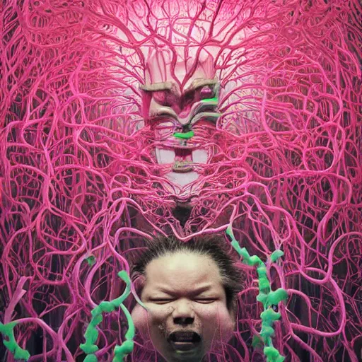 Image similar to 🥀Screaming Pink Vines by Takashi Murakami, Jean-Michel Basquiat, H.R. Giger, David Choe and Zdzisław Beksiński, incredibly intricately detailed 3d render, octane render