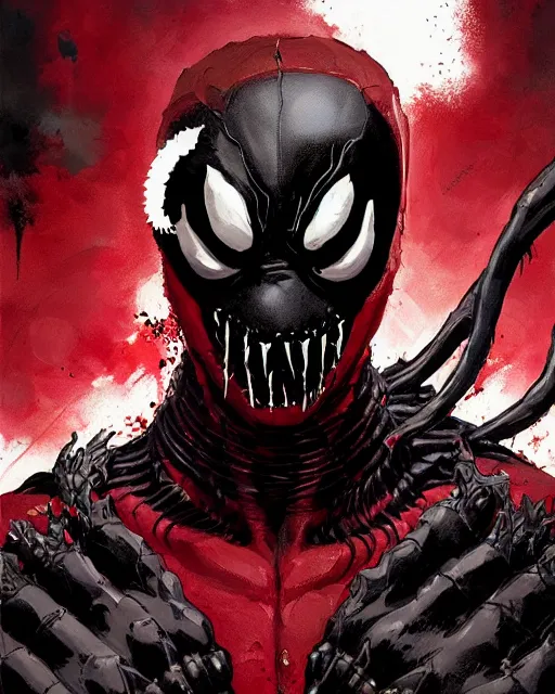 Image similar to highly detailed closeup portrait of a mutated venom symbiote in deadpool suit with a fierce expression, wearing his katana, by atey ghailan, by greg rutkowski, by greg tocchini, by james gilleard, by joe fenton, by kaethe butcher, red, black, crimson and grey color scheme