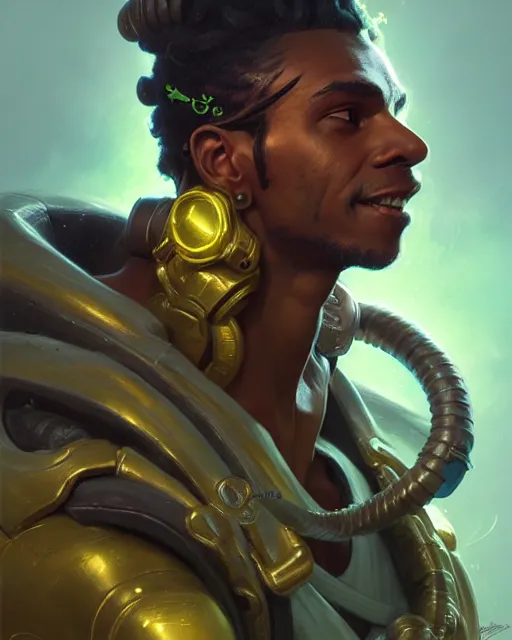 Image similar to lucio from overwatch, character portrait, concept art, intricate details, highly detailed by greg rutkowski, michael whelan and gustave dore