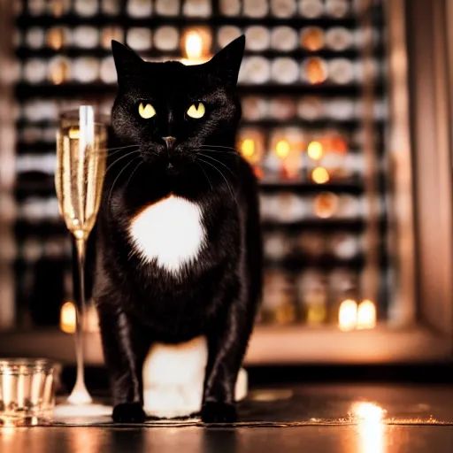 Image similar to a photo of a black cat drinking expensive champagne in a fancy dark bar, mood lighting, candles, f 1. 8, iso 1 6 0 0