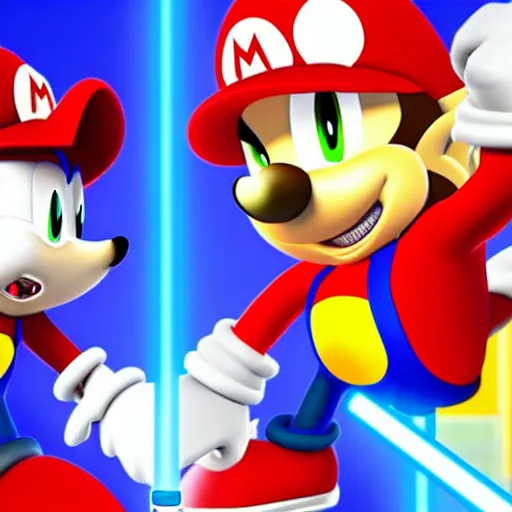 Prompt: sonic the hedgehog and mario in a lightsaber battle n - 4