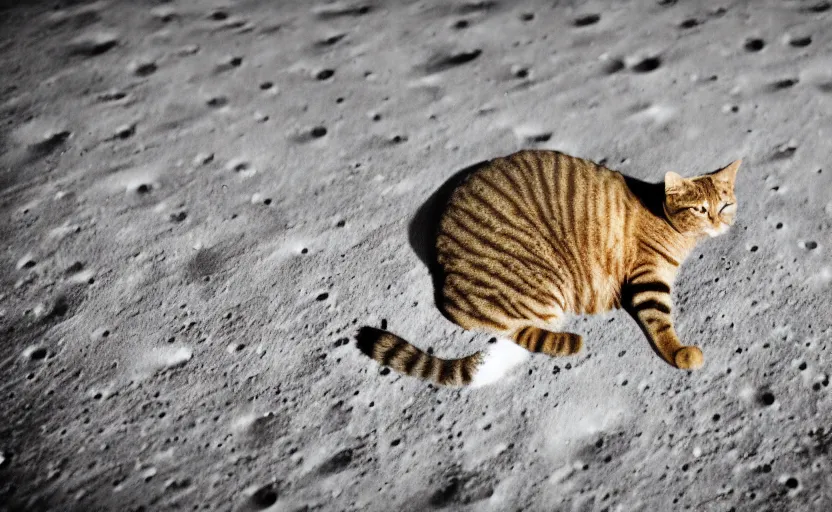 Image similar to a cat sitting on the surface of the moon, Photo, 4k, High definition, ultra realistic, 35mm