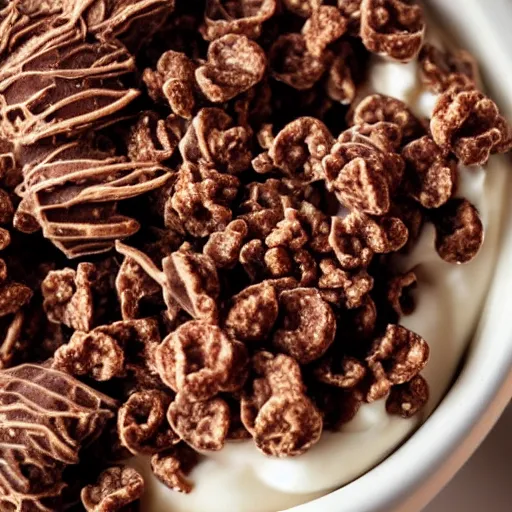 Image similar to a closeup shot of vanilla yoghurt with chocolate cereal. Highly detailed