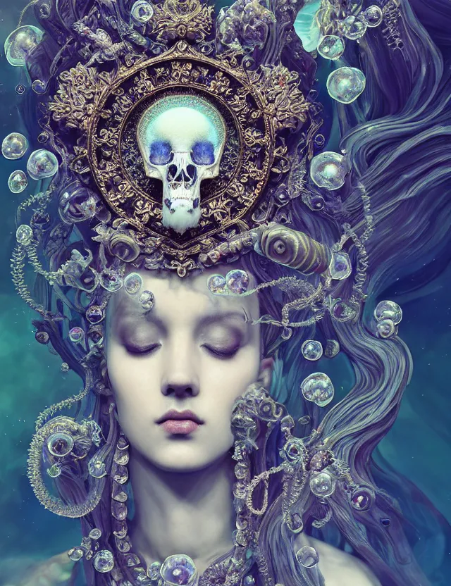 Image similar to baroque bedazzled gothic royalty frames surrounding a goddess macro close - up portrait wigh crown made of ram skull. betta fish, jellyfish phoenix, bioluminiscent, plasma, ice, water, wind, creature, super intricate ornaments artwork by tooth wu and wlop and beeple and greg rutkowski
