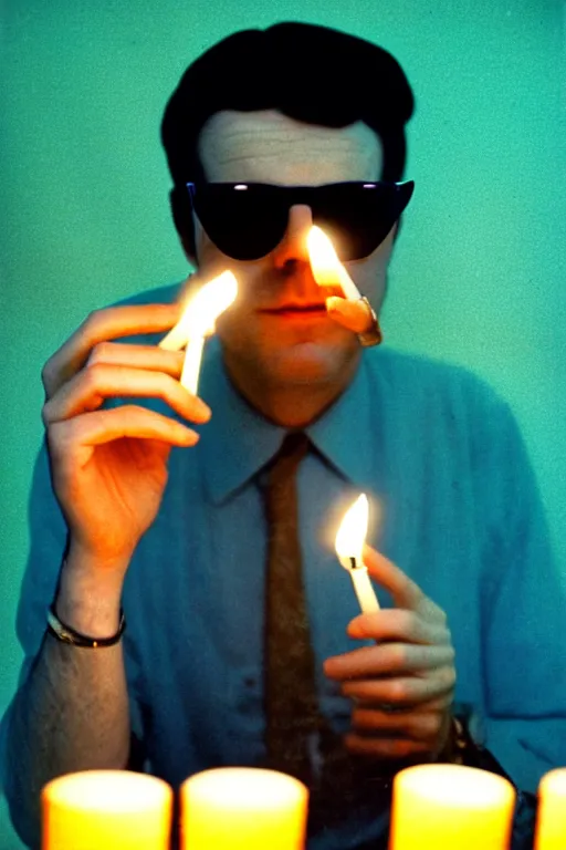 Prompt: portrait of a misterious man from an Agatha Christie novel, he is wearing sunglasses, his face is covered and lit by candles, photography, lo-fi television image, 1980s, cinestill 800t