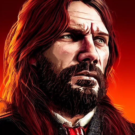 Image similar to a portrait of red!! long!! haired!! angry!! man!! as a red dead redemption 2 character shot from red dead redemption 2, ray tracing x, wet reflections, unreal engine 5, intricate details, fantasy, hyper realism, humongous view, smooth, cinematic