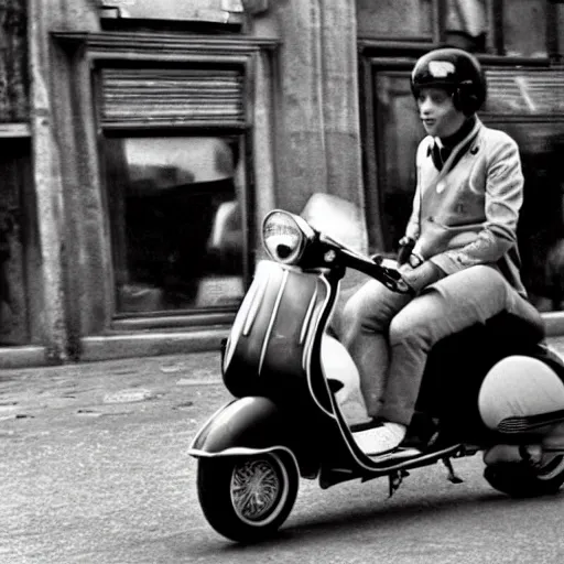 Prompt: Young Mod of the 60s on a Quadrophenia Vespa Moto, full of mirror in a scene of the future year 2500