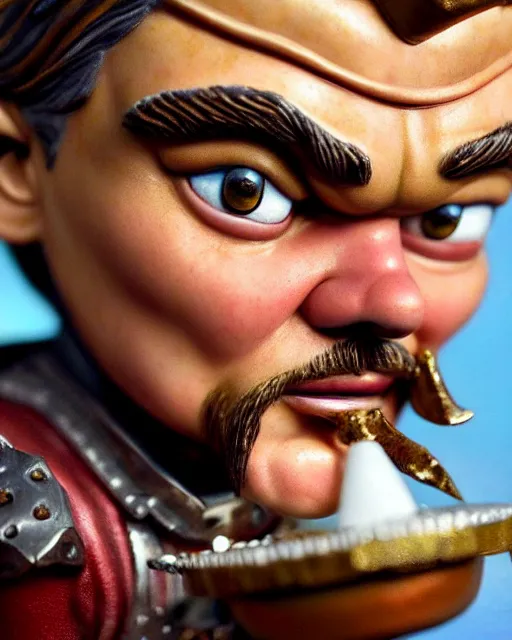 Image similar to highly detailed closeup, face profile portrait of a tin toy leonardo dicaprio as a medieval demon with horns eating cakes in a castle, hyper realistic, artstation, illustration, nicoletta ceccoli, mark ryden, lostfish, dan decarlo, bob clampett, max fleischer, digital paint, matte paint, vivid colors, detailed and intricate environment