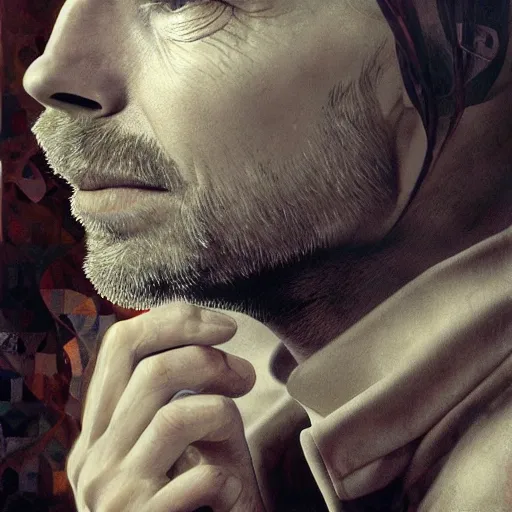 Image similar to collages, hyper realistic, many variations portrait of very old thom yorke, face variations, singer songwriter, ( side ) profile, liminal space, by lee bermejo, alphonse mucha and greg rutkowski, greybeard, smooth face