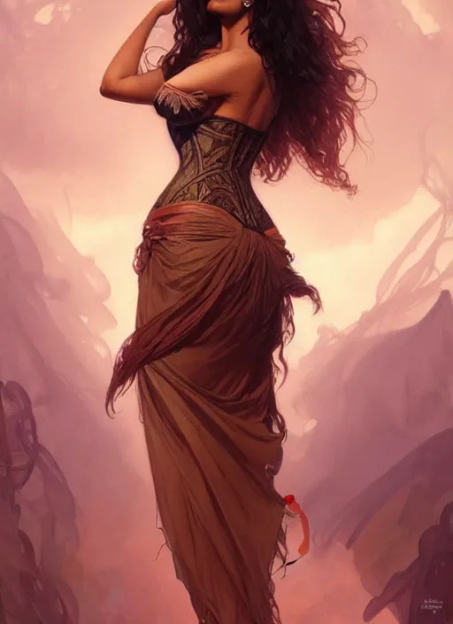 Image similar to cute brown woman wearing a translucent corset dress, fantasy, intricate, highly detailed, digital painting, artstation, concept art, wallpaper, smooth, sharp focus, illustration, art by artgerm and greg rutkowski and alphonse mucha