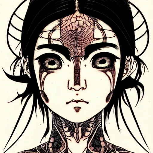 Image similar to prompt: Fragile looking character soft light portrait face drawn by Takato Yamamoto and Katsuhiro Otomo, tattooed face, facial hieroglyph tattoos , inspired by Akira 1988 anime, alchemical objects on the side, soft light, intricate detail, intricate gouache painting detail, sharp high detail, manga and anime 2010