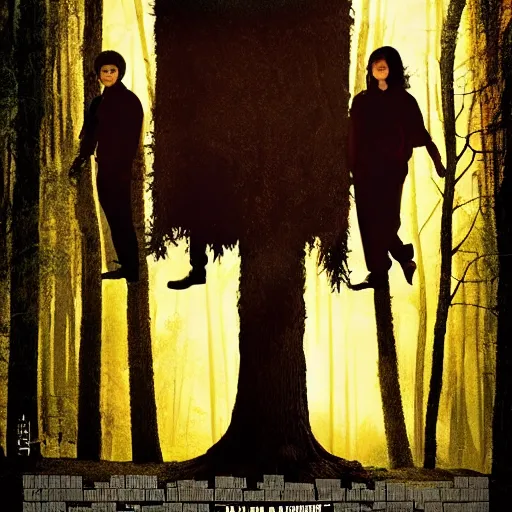 Image similar to movie poster of the movie Tree Tree Tree where the tree is attacking the other trees in the forest